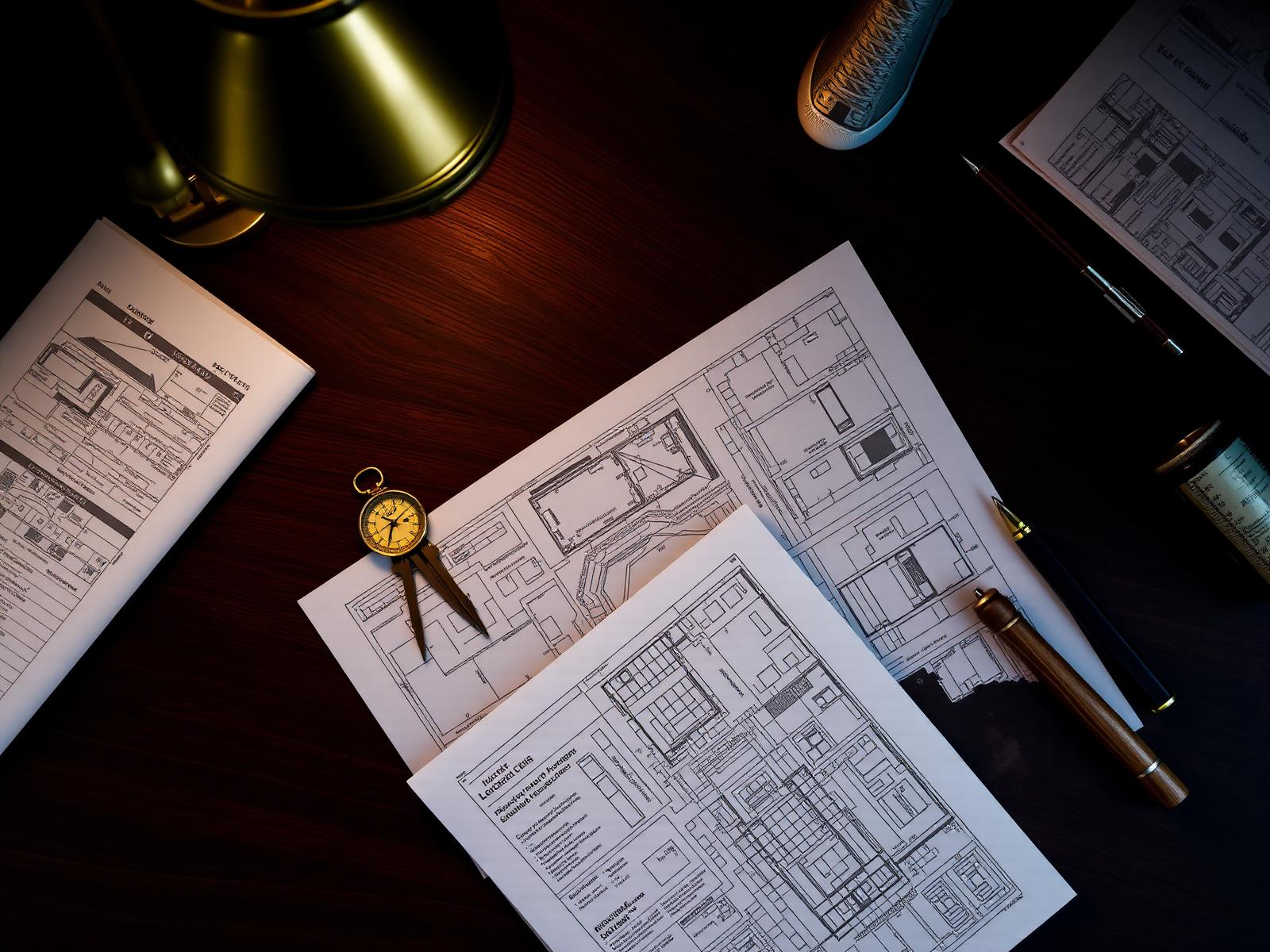Blueprints on desk with drafting tools